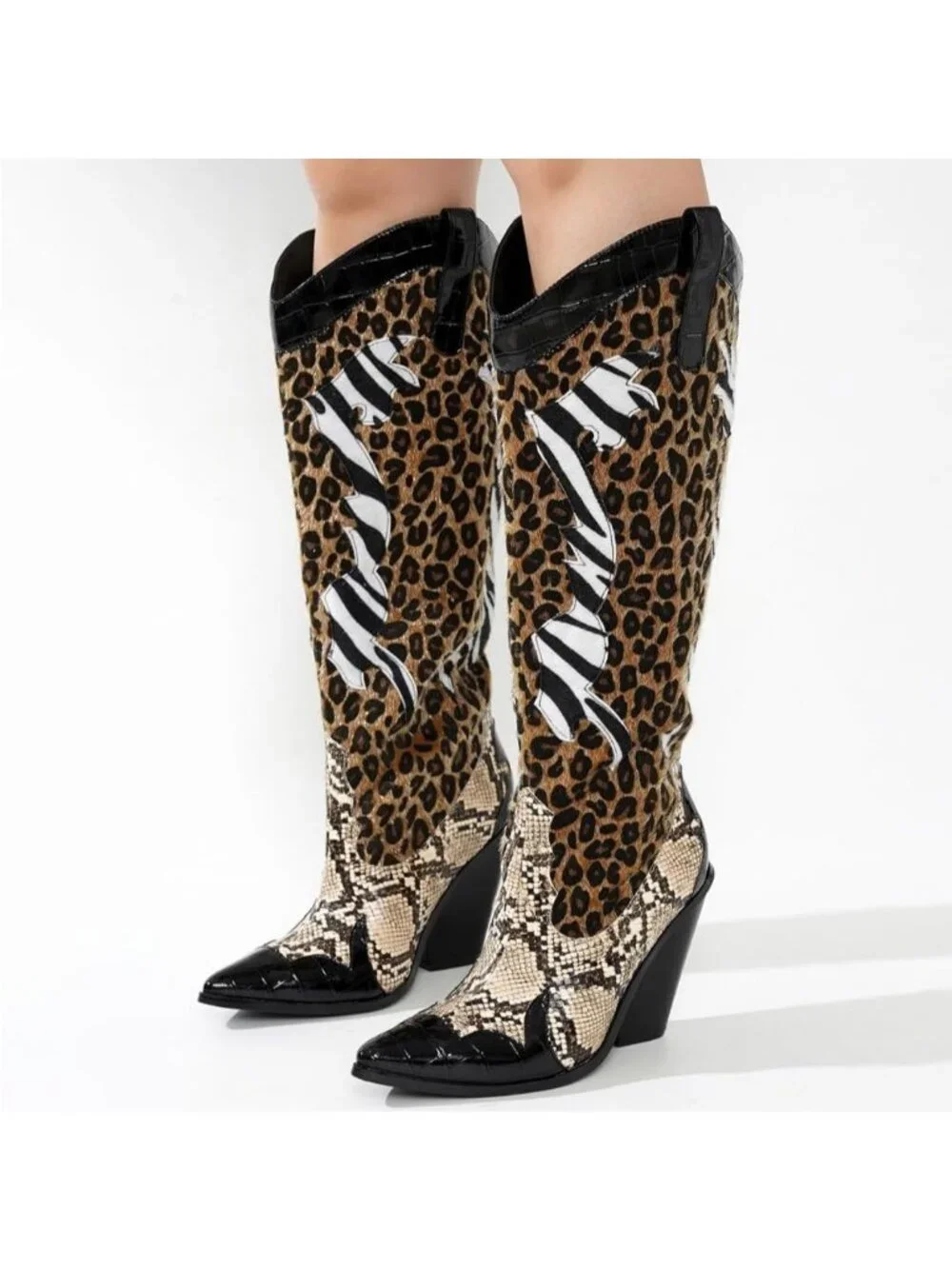 Women's Black Polyurethane Animal Print Pull-On Pointed Toe Over The Knee Boots - Picture 5 of 6